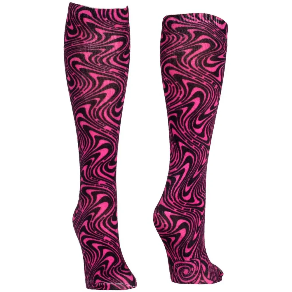 Blacklight Reactive Wavy Neon Pink‎ Knee High Socks Black Pink Psychedelic NWT